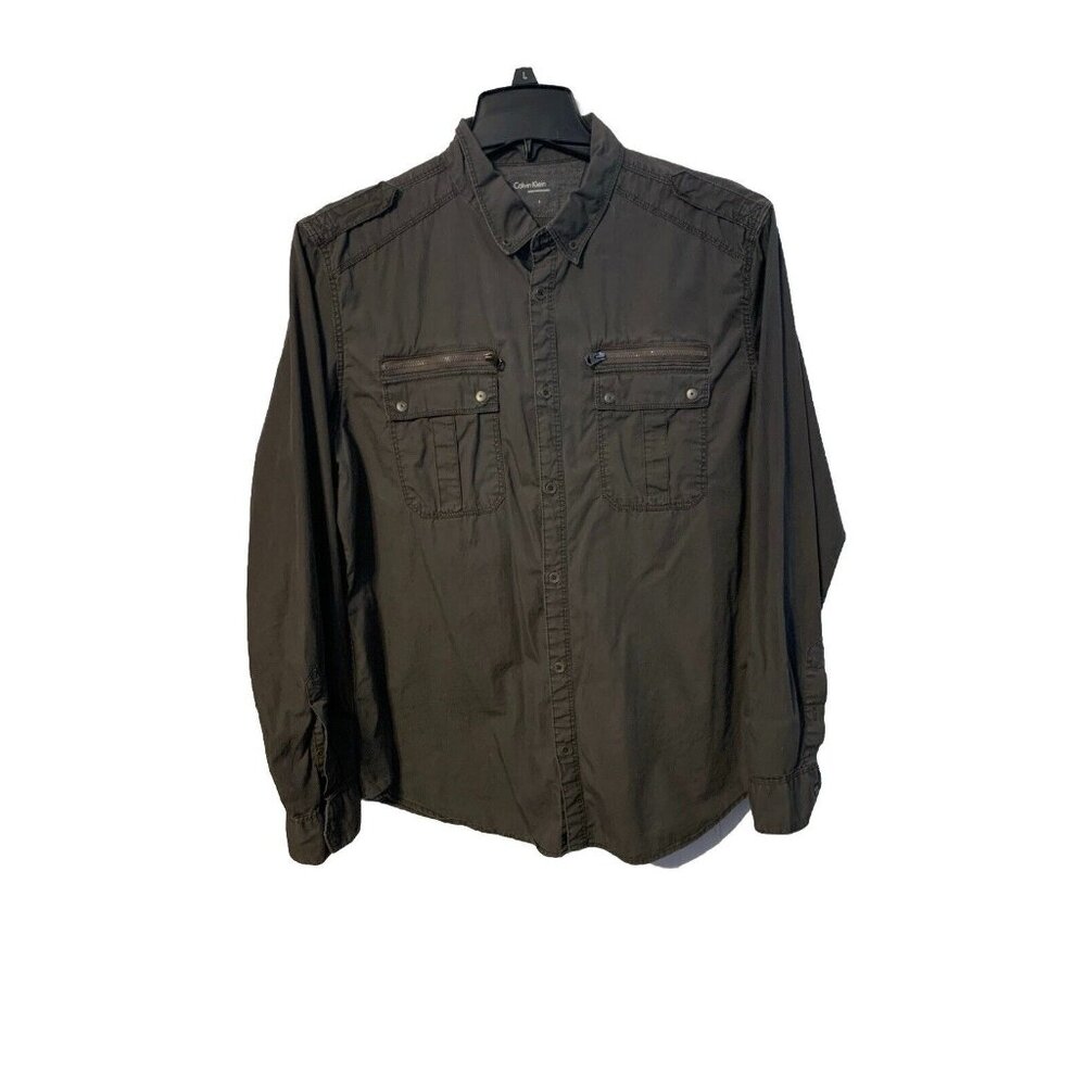 Calvin Klein Men's Green Button Up Long Sleeve Chest Zipper Pockets Shirt Size L